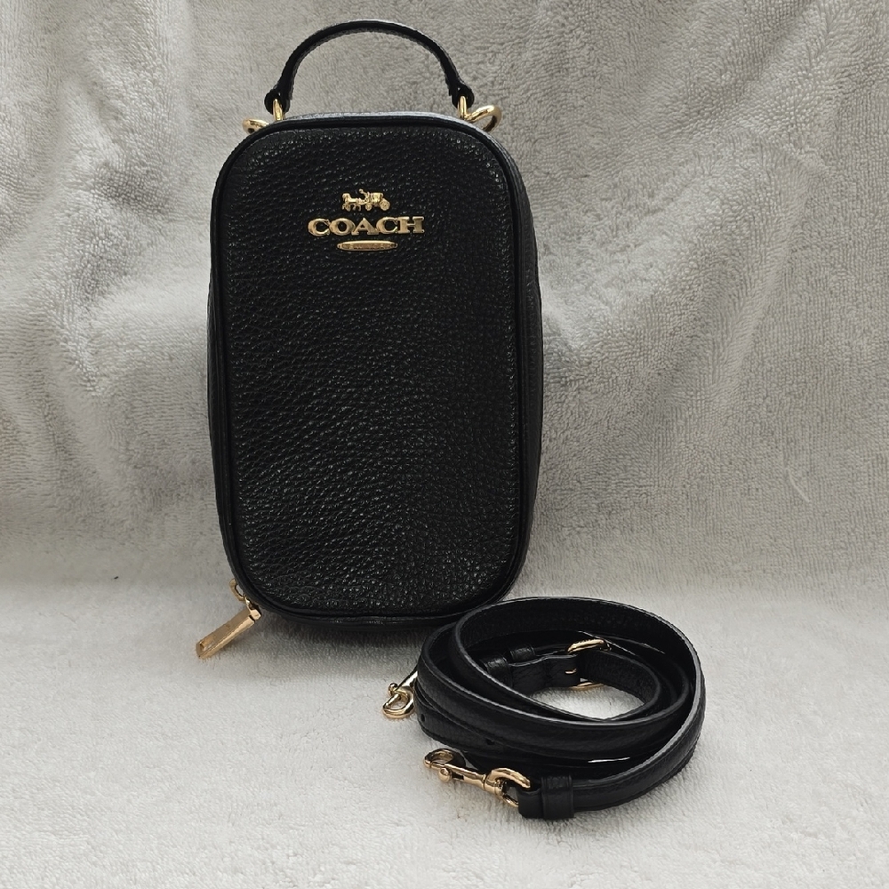 Coach Black Leather Phone Crossbody with Gold Accents